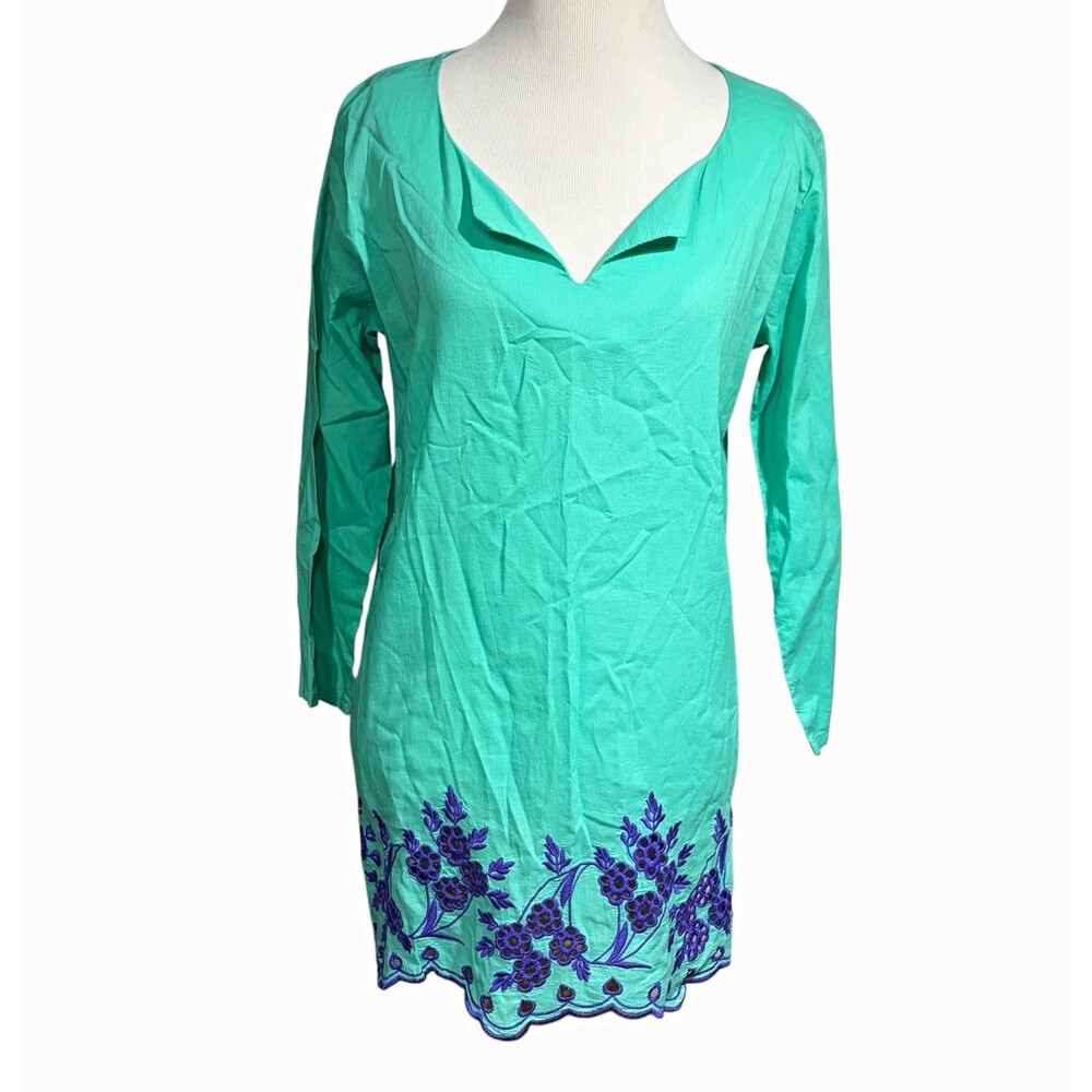 Vivante Teal Cotton Tunic Dress Top L Purple Embroidered Floral Cutwork Boho